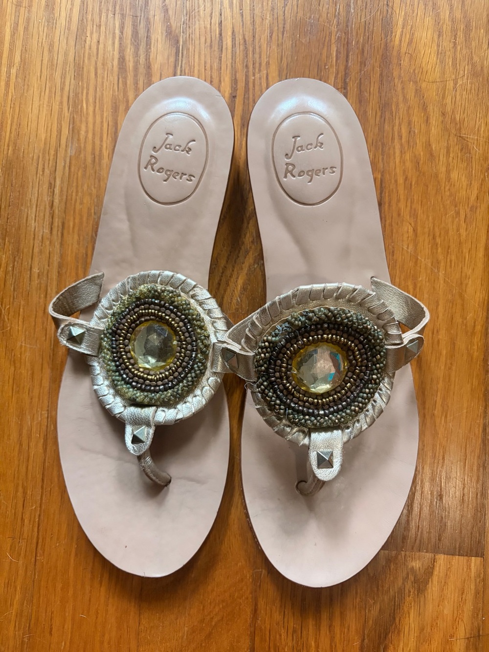 Jack Rogers Metallic Gold Beaded Medallion Thong Sandals